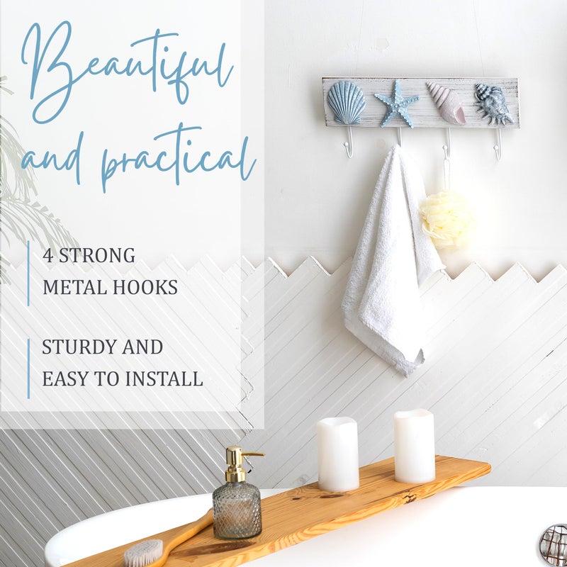 Tide and Tales TideAndTales Beach Decor Seashell Wall Hooks Towel Rack for Bathroom, Bedroom or Kitchen | 4 Strong Hooks | Ocean Theme Beach House Decor - Image 3